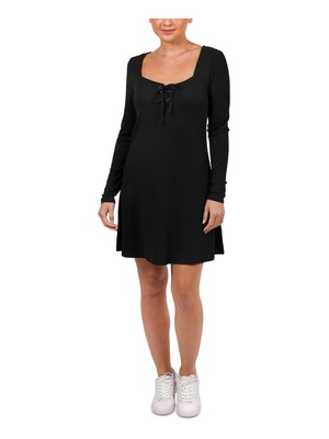 

HIPPIE ROSE Женское черное короткое платье с завязками спереди и длинными рукавами для юниоров, Черный