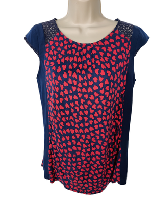 WOMENS OASIS NAVY RED HEARTS PRINT CASUAL CAP SLEEVE LACE PANEL