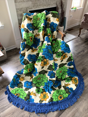 Vintage Mid Century MOD Blue Hot Green FLOWER POWER Throw Cover Bedspread 70x90