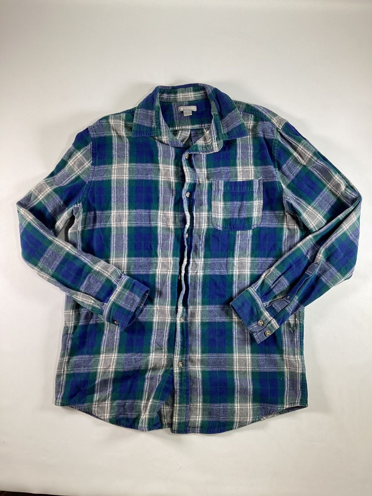 Mens Falls Creek Blue Green Check Long Sleeve Flannel Button Up Shirt Medium GUC