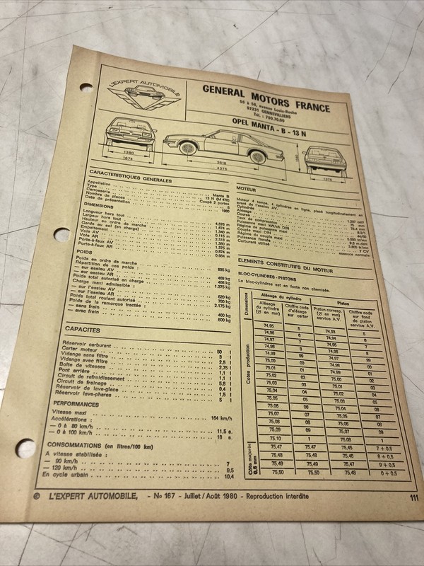 Fiche Technique Automobile Opel Manta B 13n Ã©Dition 1980 Ea