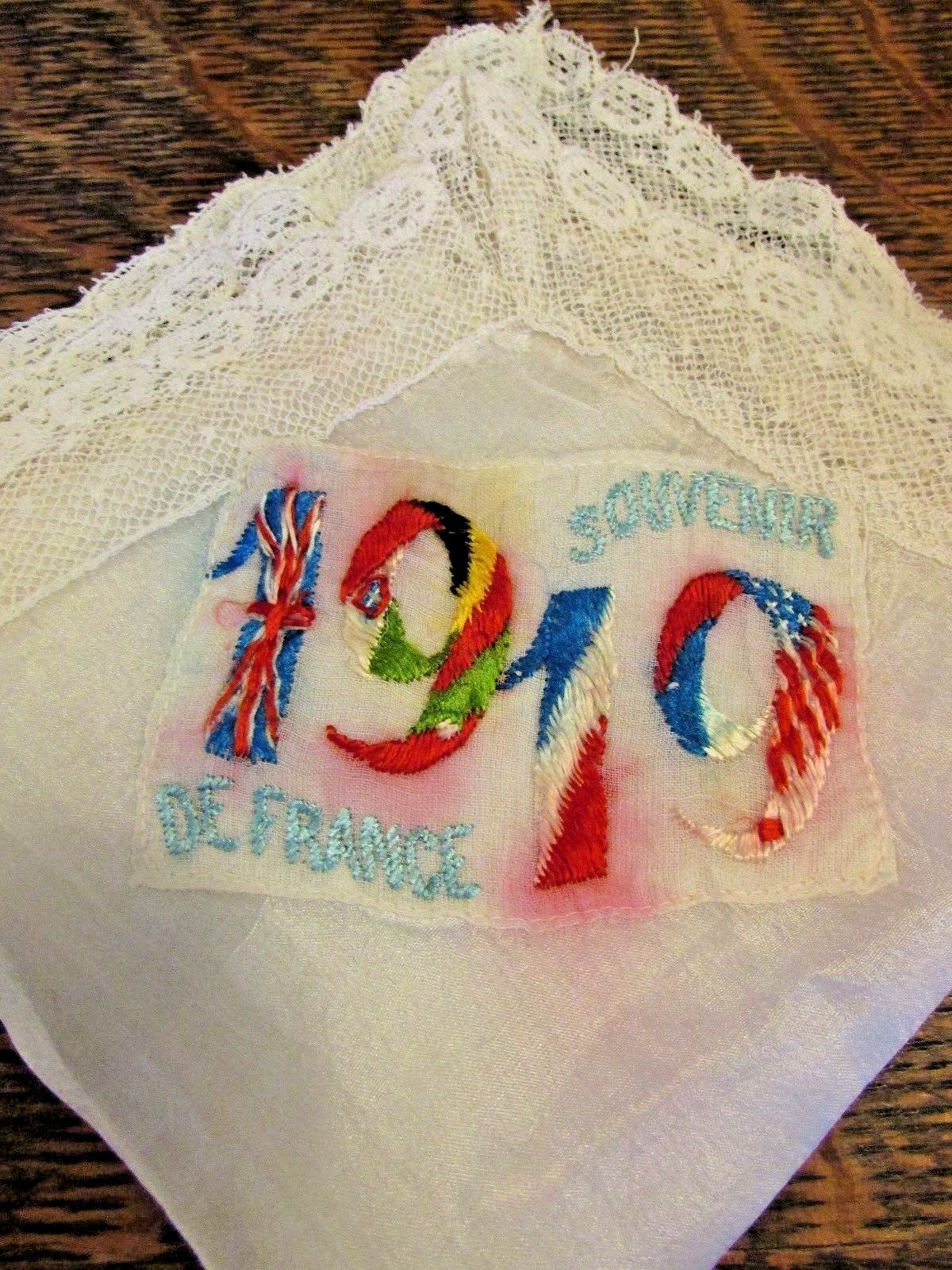 (2) WWI Era, 1919 Silk SOUVENIR DE FRANCE & CHAMONIX Handkerchief, Hankies