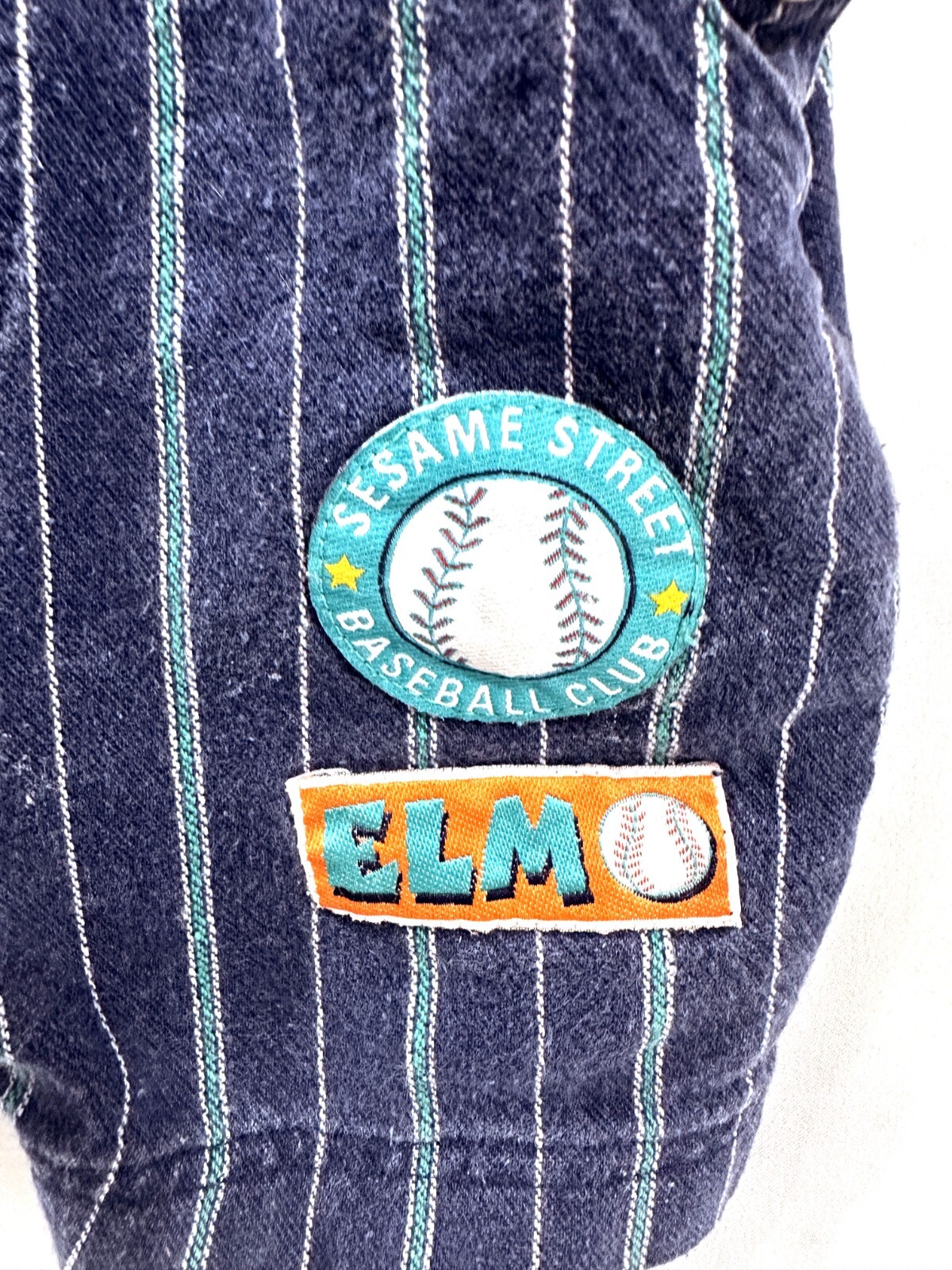 Vintage 90s Y2K Sesame Street Elmo Baseball Striped Denim Overalls 18 Month RARE