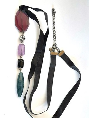 Virgin Vie long black ribbon glass pendant drop necklace b02