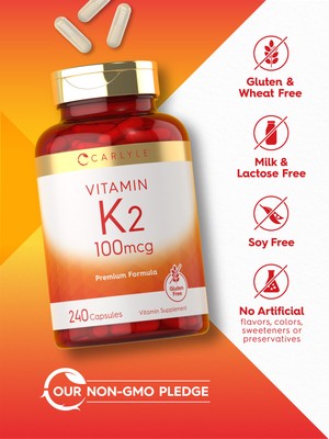 Vitamin K2 100mcg | K2 MK-4 | 240 Capsules | Non-GMO & Gluten Free | by Carlyle