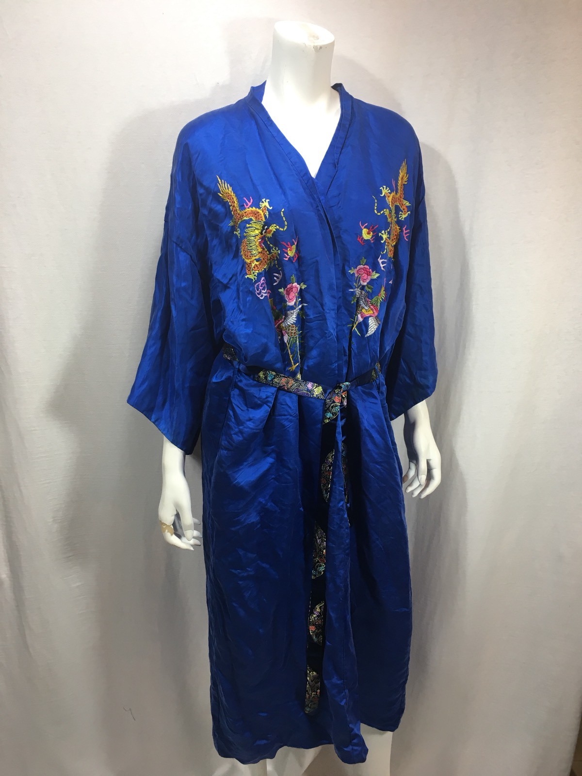 Vintage Royal Blue Silk Golden Dragin Robe L embroidered tie at waist rooster