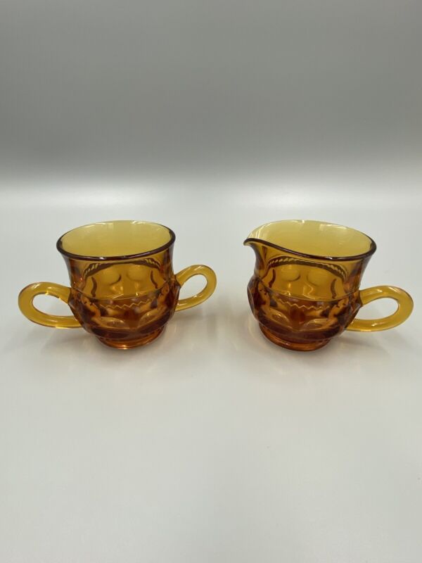Vintage Indiana Glass Amber Kings Crown Creamer And Open Sugar Bowl