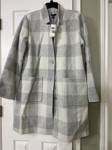 Pre-owned Eileen Fisher Xl  Darkpearl Wool Blend Multi Check Notch Collar Calf Len Coat In Gray