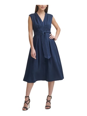 

DKNY Женское темно-синее вечернее платье миди без рукавов с поясом и пуговицами спереди + расклешенное платье, Navy