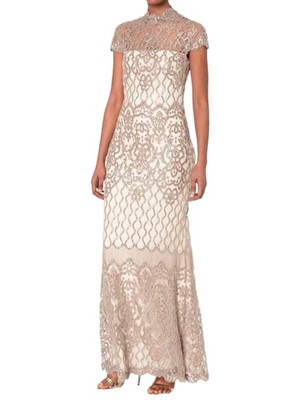 

TADASHI SHOJI Женское бежевое длинное вечернее платье с короткими рукавами и подкладкой, Бежевый