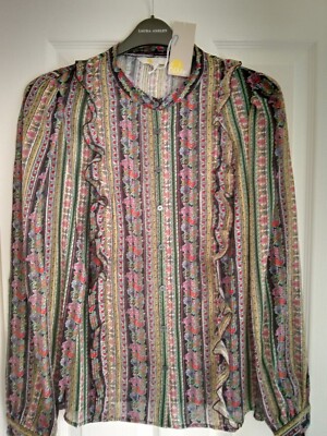 BODEN RUFFLE FRONT PRINTED SHIRT MULTI CARNATION BLOOM. UK 14, EUR 40-42. BNWT