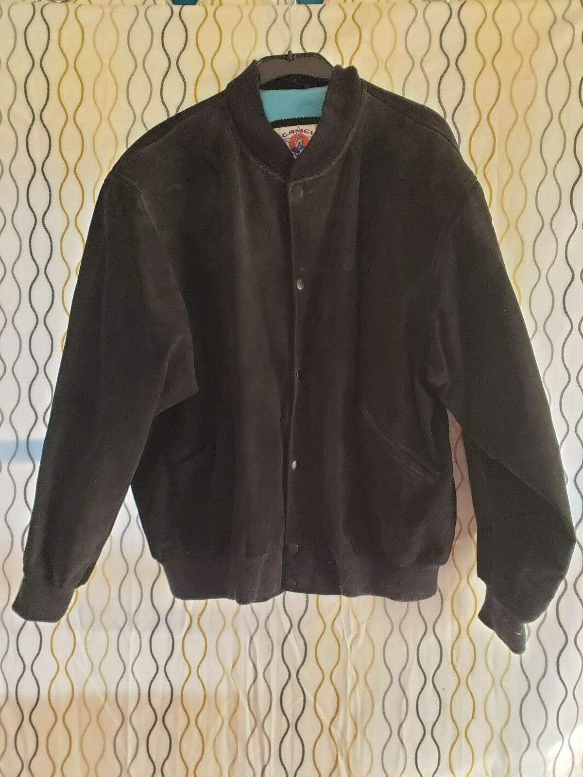 Vtg Camel Joe Black Genuine Leather Bomber Jacket Blue satin Vtg Camel Joe Black Genuine Leather Bomber Jacket Blue satin