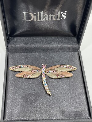 New Dillards Pink Enamel and Rhinestone Dragonfly brooch pin 3''x1.5''