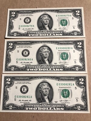 (3) 2013 $2 Dollar Bicentennial Bills - All Consecutive numbers ~ Sequential