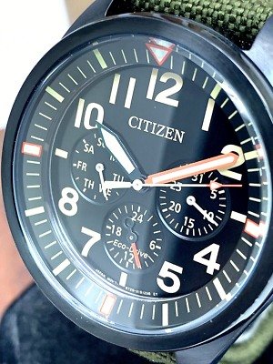 Citizen Men s Watch Eco Drive BU2055 16E Black Dial Day Date Green Strap 43mm