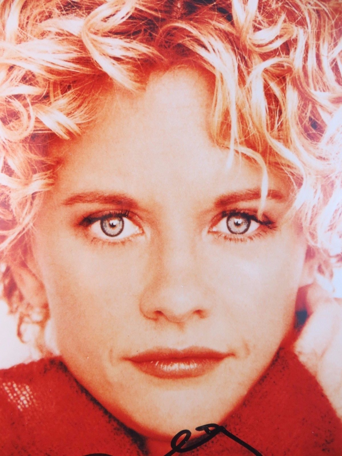 MEG RYAN Autographed/ Hand Signed Color 8x10 Vintage Photo Red Sweater #22