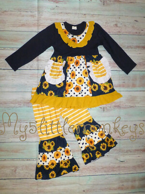 NEW Boutique Sunflower Ruffle Pocket Tunic Dress & Bell Bottoms Girls Outfit