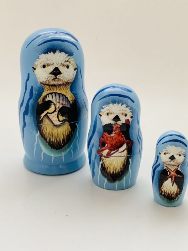 Golden Cockerel Wooden Nesting Doll Sea Otters Russian Made 3 Piece Set