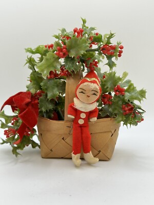 Vintage Elf Pixie In Basket Decoration Handmade 