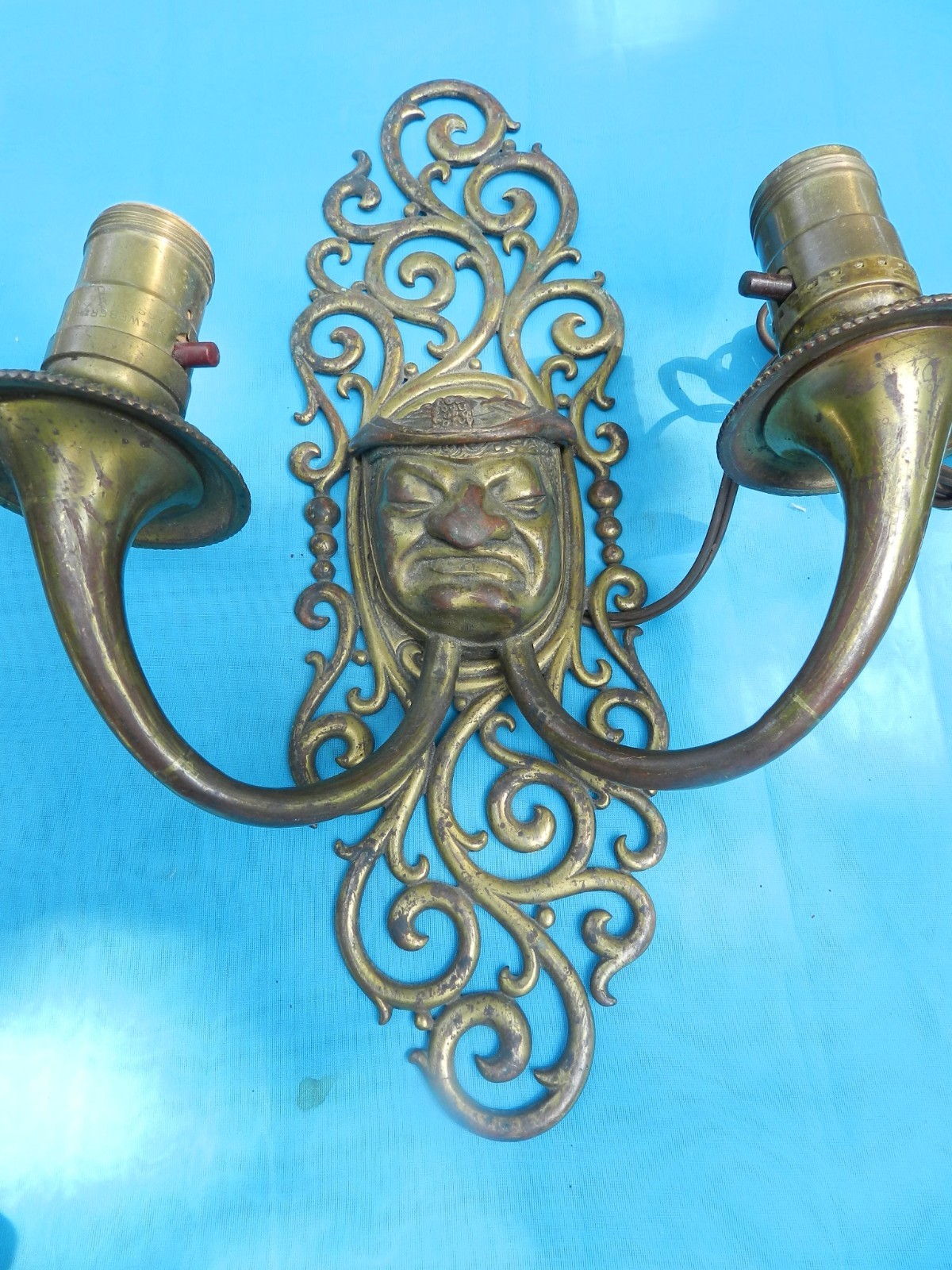 Unique Pair of 18C Antique Wall Sconces - Bronze Monk on Brass Scrolled Base