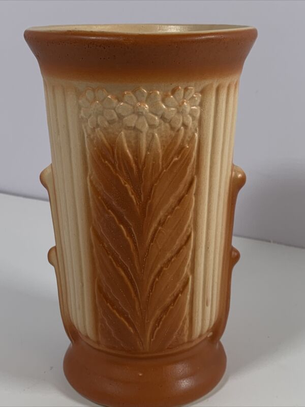 Vintage Roseville Pottery Vase 8” Tan Brown Flowers USA 160/5