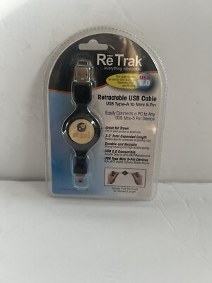 New Emerge Technologies Re Trak Retractable USB Cable Type -A To Mini 5-pin