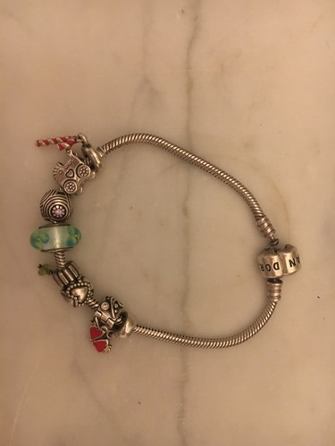 Sterling Silver Pandora Slide Charm Bracelet Baby Carriage Hearts Clasp Glass