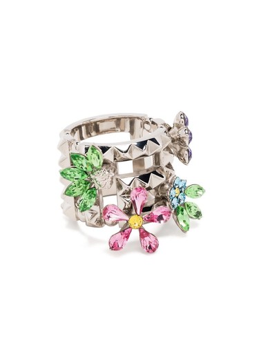 Pre-owned Versace Greca Multi Color Crystal Flower Bloom Silver Ring Size 15/us 7 $675