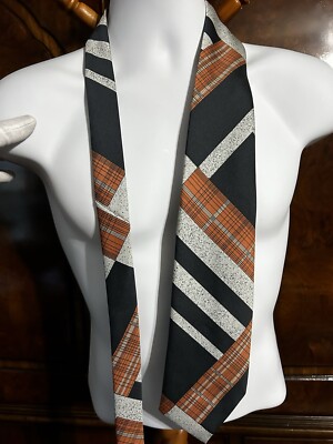 VTG 70s Albert Azizo 100% Silk Tie Hand Made Black/Gray Striped w Copper Plaid