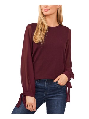 

CECE Женский фиолетовый ребристый длинный галстук с шифоновым рукавом и круглым вырезом для работы Топ