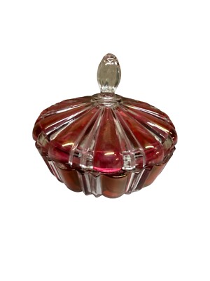 Vtg Anchor Hocking Old Cafe Striped Candy Dish Cranberry Glass w/ Lid /