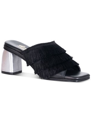 SILVIA COBOS Womens Black Fringed Chacha Slip On Leather Heeled Sandal 7