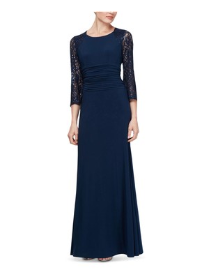 

SLNY Женское темно-синее длинное вечернее платье с круглым вырезом и длинными рукавами + расклешенное платье, Navy