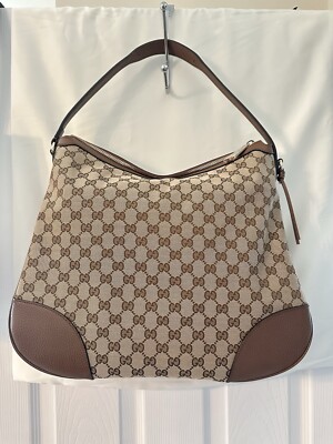 GUCCI large brown & beige GG Supreme canvas & leather hobo bag Authentic