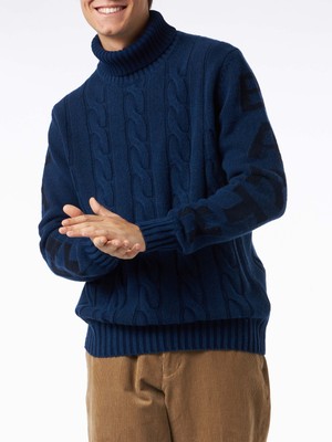 Pre-owned Mc2 Saint Barth Man Heavyweight Turtleneck Braided Blue Vintage Sweater