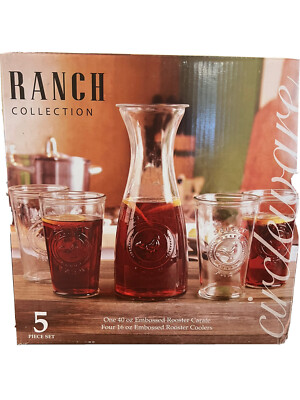 New Farmhouse Ranch Collection 5pc Glassware Carafe & 4 Glasses Rooster