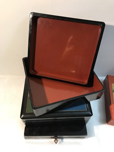 Lot 4 Estate Vintage Asian Black Laquer Wood Boxes MOP