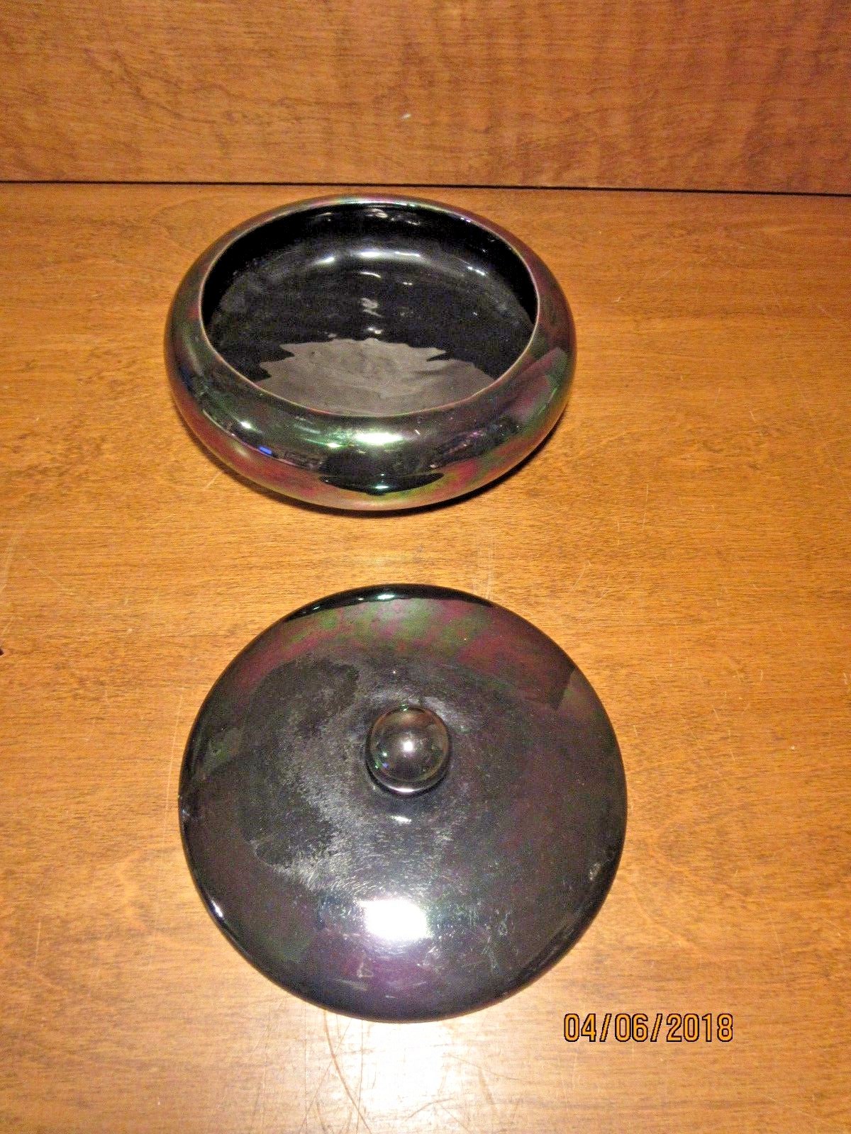 vintage candy Dish Pot Bowl w/ Lid Pottery Ceramic Blue Iridescent Glaze