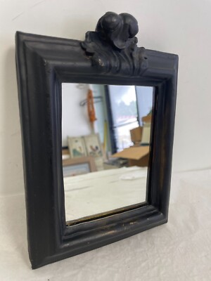 Vintage Antique Borghese Black Painted Framed Wooden Mirror 7.5'' H Wall