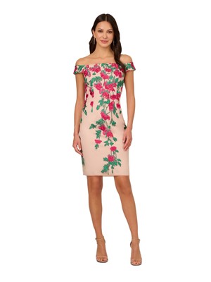 ADRIANNA PAPELL Womens Pink Mesh Lined Back Slit Short Sleeve Sheath Dress 8