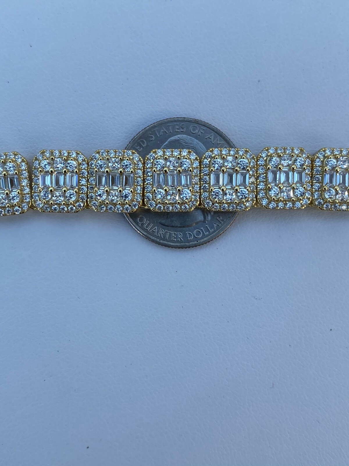 Pre-owned Silver Mens Baguette Chain Bracelet Real Solid 925  14k Gold Plated Icy Cz 18-30"