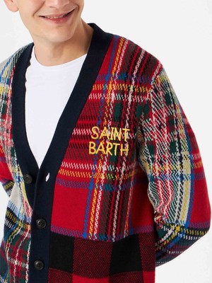 Pre-owned Mc2 Saint Barth Man Tartan Knitted Cardigan With Saint Barth Embroidery In Blue