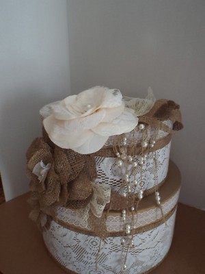 Chic Wedding Money Box Burlap, Lace Handmade for Elegant bride 50 cards