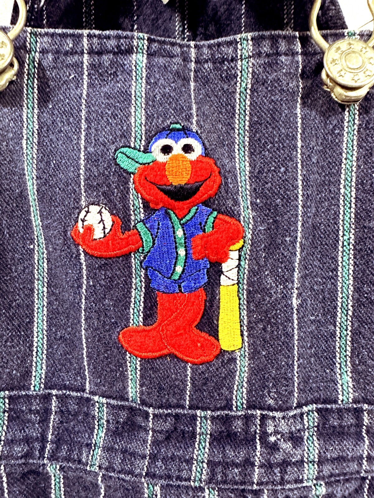Vintage 90s Y2K Sesame Street Elmo Baseball Striped Denim Overalls 18 Month RARE