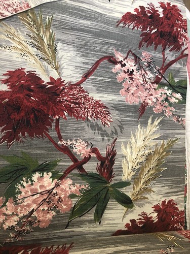 Vintage Barkcloth Floral Green, Burgundy, Pink, Gold, Gray 11 Yards Avail Per Yd