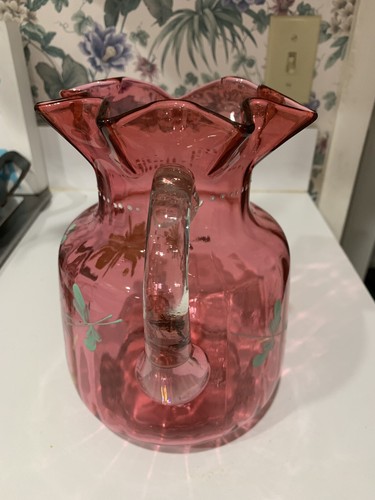 Antique Victorian Blown Cranberry Glass 8 3/4 “Pitcher Ribbed Applied Handle