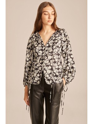 

REBECCA TAYLOR Женский черный топ с длинными рукавами и V-образным вырезом на пуговицах с принтом