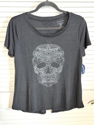 Evolution Creation Women s M Top Gray Skull Open back Short Sleeve Top Tee NEW