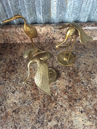 Lot Of 3 Crane Bird Figurines Solid Brass.