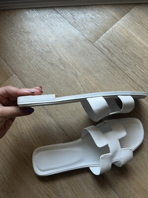 Hermes 39/40 White Oran H Logo Leather Sandals Slides Shoes